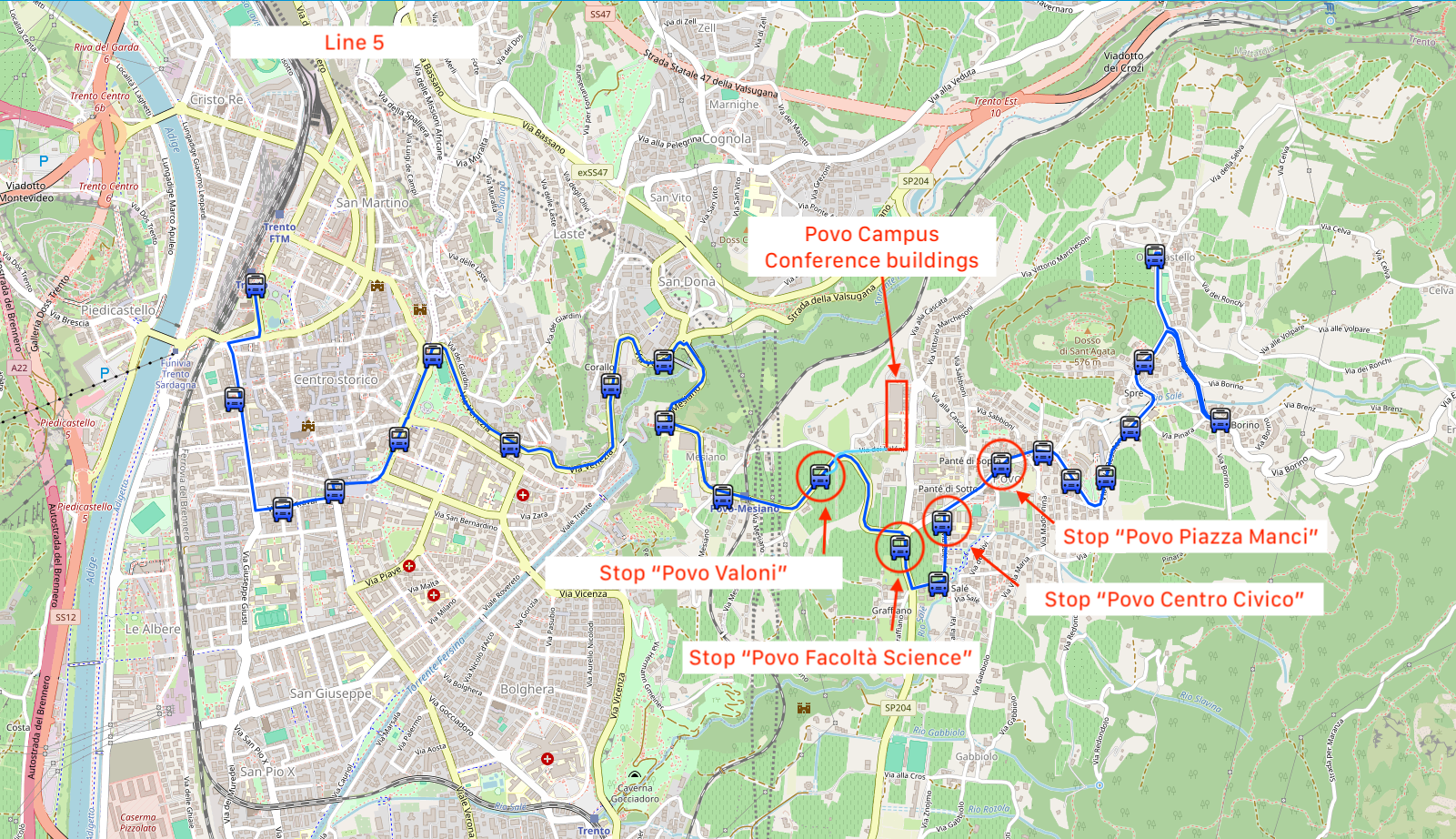 Map showing bus line 5 from Trento to Povo campus and the nearby stops